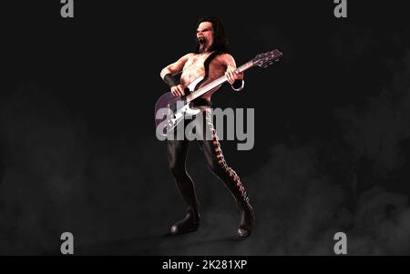 3D Illustration Devil pose et joue une guitare électrique entourée sur fond sombre avec un chemin de coupure. Death Rock musicien. Banque D'Images