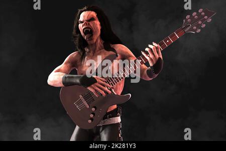 3D Illustration Devil pose et joue une guitare électrique entourée sur fond sombre avec un chemin de coupure. Death Rock musicien. Banque D'Images