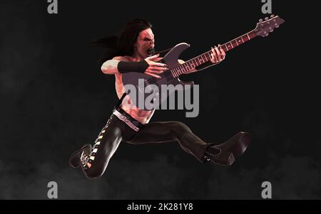 3D Illustration Devil pose et joue une guitare électrique entourée sur fond sombre avec un chemin de coupure. Death Rock musicien. Banque D'Images