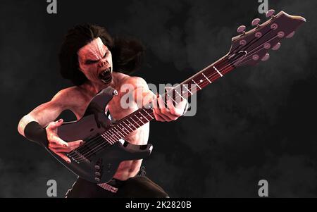 3D Illustration Devil pose et joue une guitare électrique entourée sur fond sombre avec un chemin de coupure. Death Rock musicien. Banque D'Images