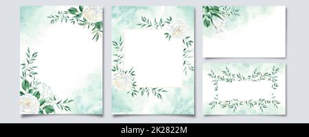 Wedding templates, floral background cards. Rustic wedding stationary with white creamy roses, pistachio foliage, green watercolor splashes and golden Stock Photo