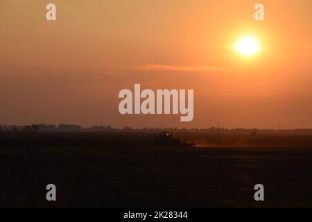 Le tracteur labourage le champ sur un coucher de soleil de fond. silhouette du tracteur sur fond de coucher de soleil Banque D'Images