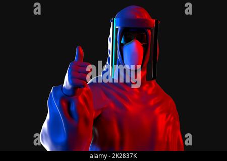 Homme en costume de protection montrant le pouce vers le haut mouvement. 3D rendu Banque D'Images