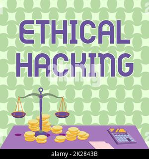 Légende conceptuelle piratage éthique. Mot écrit sur l'acte de localiser les faiblesses et les vulnérabilités de l'échelle de balance d'ordinateur entouré par le calculateur de pièces de monnaie comptant les hypothèques financières. Banque D'Images