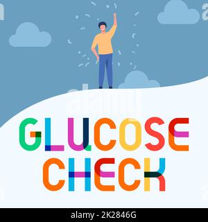 Légende conceptuelle glucose Check. Concept signification procédure qui mesure la quantité de sucre dans le sang homme dessin levant main Sky Standing Hill montrant le succès. Banque D'Images