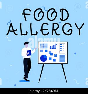 Exposition conceptuelle allergie alimentaire. Approche commerciale réaction du système immunitaire qui se produit après avoir mangé un certain homme d'affaires alimentaire dessin debout présentant des idées pour leur succès. Banque D'Images