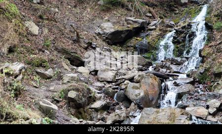 Cascades dans un petit canyon avec des murs en pierre. Belle cascade dans les montagnes. rivière dans les Carpates dans la forêt d'automne de montagne. vue panoramique, le mouvement de l'eau. Banque D'Images