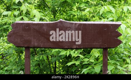 Panneau marron en bois sur fond de feuilles vertes, de buissons et d'arbres dans un parc ou une forêt. Place pour votre texte ou logo, publicité. Copier l'espace. Panneau vierge. Banque D'Images