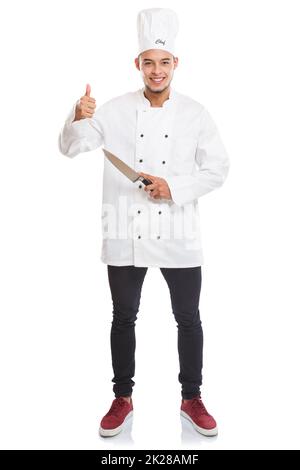 Cuisiner jeune latin homme travail profession plein corps portrait succès isolé sur blanc Banque D'Images