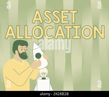 Légende conceptuelle allocation des actifs. Proportion de vitrine d'affaires et stratégie de mise en œuvre pour tirer profit Ilsufiltration de Man Holding Rocketship a découvert des idées à l'intérieur. Banque D'Images