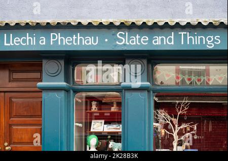 Caernarfon, UK- July 11, 2022: The Slate and Things store in Caernarfon in North Wales. Stock Photo