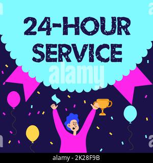 Affiche Service 24 heures. Concept signifie service qui est disponible à tout moment et habituellement chaque jour Homme tenant Trophée célébrant la performance entouré de ballons. Banque D'Images