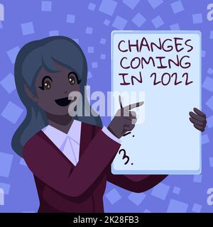 Affiche indiquant les changements à venir en 2022. Concept signification nouveaux concepts plans et processus pour la prochaine année Business Woman dessin tenue blanc Tableau blanc Présentation annonces Banque D'Images