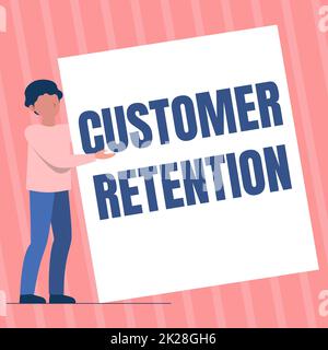Légende présentant la fidélisation des clients. Mot écrit sur le maintien de clients fidèles conserver autant que possible Man Standing tirage présentant un papier blanc énorme. Banque D'Images