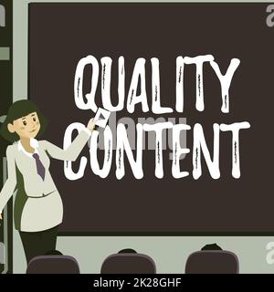 Légende de texte présentant du contenu de qualité. Un contenu de concept Internet qui offre de la valeur et est composé d'une femme d'écriture formidable tenant la télécommande présentant les idées les plus récentes sur écran de toile de fond. Banque D'Images