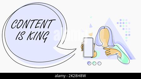 Légende du texte le contenu de présentation est roi. Business idée Content est le cœur des stratégies de marketing d'aujourd'hui Line Drawing for Lady Holding Phone présentant de nouvelles idées avec Speech Bubble. Banque D'Images