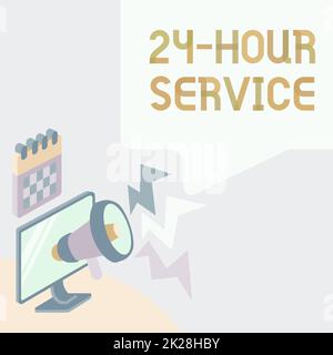 Affiche Service 24 heures. Word pour le service qui est disponible à tout moment et généralement tous les jours Monitor Drawing avec Megaphone produisant l'éclairage à message . Banque D'Images