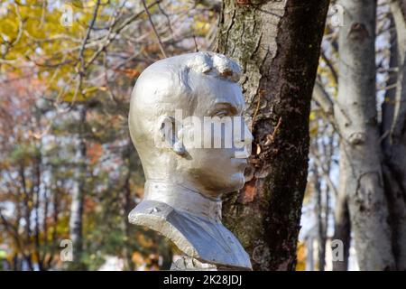 Le visage de l'homme de pierre. Buste de soldat en béton recouvert de pa Banque D'Images