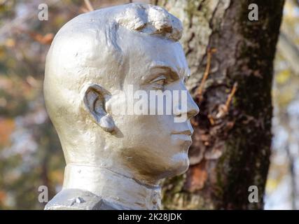 Le visage de l'homme de pierre. Buste de soldat en béton recouvert de pa Banque D'Images