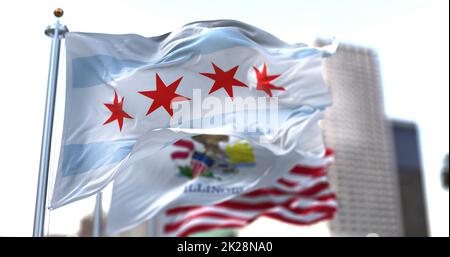 Drapeau de la ville de Chicago qui agite dans le vent Banque D'Images