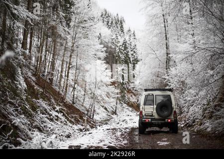 Voiture tout-terrain dans la forêt enneigée Banque D'Images