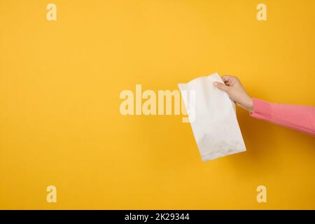 femme tenant à la main blanc blanc blanc sac de papier artisanal pour emporter sur fond jaune Banque D'Images