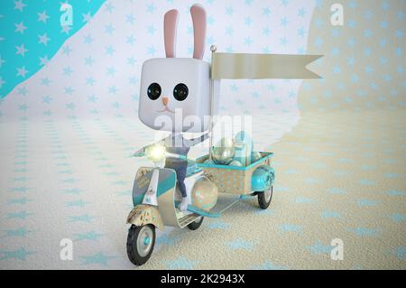 3d illustration. Lapin de Pâques à cheval sur un scooter . Banque D'Images