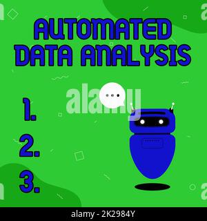 Affichage conceptuel analyse automatique des données. Mot écrit sur la prise de décision automatique basée sur le big data Illustration d'un robot flottant mignon raconter des informations dans Un Chat Cloud. Banque D'Images