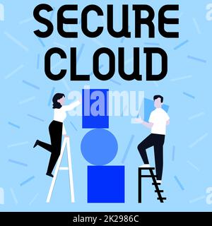 Écriture affichage de texte Secure Cloud. Idée d'entreprise protéger les informations stockées sécurité technologie contrôlée couple dessin à l'aide d'une échelle placer de grands cadres photo vides sur Un mur. Banque D'Images