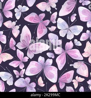Delicate, lilac and purple butterflies on a dark background. Watercolor illustration. Seamless pattern. For fabric, textiles, wallpaper, covers Stock Photo