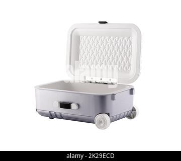 Ouvrir la valise en plastique gris isolée Banque D'Images