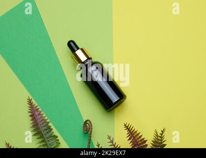 flacon en verre brun avec une pipette sur fond vert. Modèle pour les produits cosmétiques liquides Banque D'Images