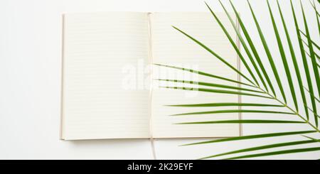 ouvrez le bloc-notes avec des feuilles blanches vierges sur fond blanc Banque D'Images