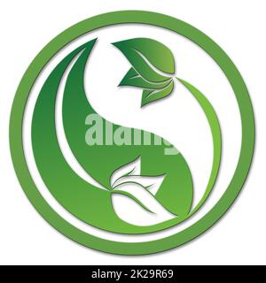 Symbole Yin Yang avec feuilles - logo abstrait de l'écologie isolé sur fond blanc Banque D'Images