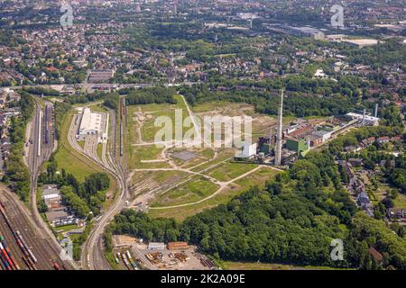 Luftbild, Freifläche und Baustelle, ehemaliges Bergwerkgelände General Blumenthal, ehemaliges Uniper-Kraftwerk Shamrock, Niederlassung Stadler Schiene Stock Photo