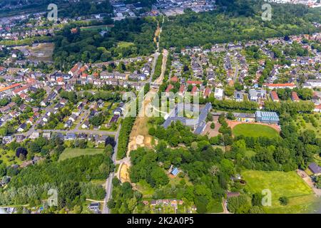 Vue aérienne, chantier de construction avec route de construction à côté de Hölkeskampring et passage inférieur Mont-Cenis-Straße, Otto-Hahn-Gymnasium Herne, Sodingen, Her Banque D'Images