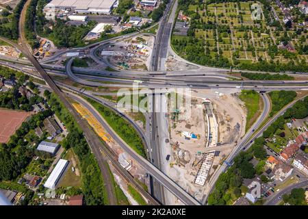 Luftbild, Großbaustelle Kreuz Herne der Autobahn A42 et Autobahn A43, mit Bau des Baukau-tunnels, Baukau, Herne, Ruhrgebiet, Nordrhein-Westfalen, DEU Banque D'Images