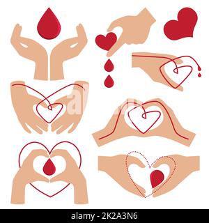 Mains avec la forme du coeur sur fond rouge illustration, don de sang, fond de donneur de sang, fond médical. L'homme donne du sang Banque D'Images