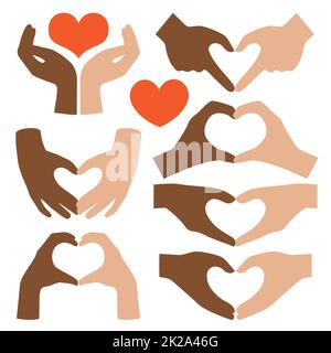 Les mains noires et blanches donnent la forme d'un cœur.Illustration vectorielle.Concept d'amitié interraciale. Banque D'Images