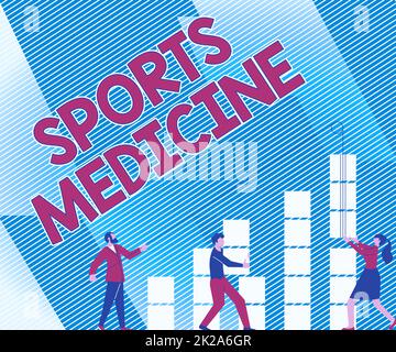 Affiche montrant la médecine du sport. Approche commerciale traitement et prévention des blessures liées aux sports Illustration des partenaires bâtir de nouvelles idées merveilleuses pour l'amélioration des compétences. Banque D'Images