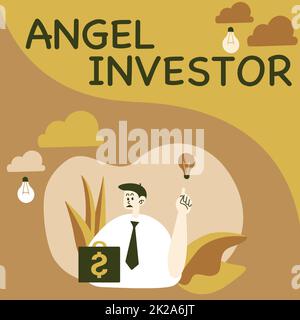 Affiche textuelle montrant Angel Investor. Vitrine d'affaires haute valeur nette individu qui fournit le soutien financier Homme assis à Park Blooons Blowing penser à de nouvelles pensées avec Idea Lamp. Banque D'Images