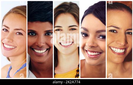 Sourires et beauté. Image composite d'un groupe diversifié de jeunes femmes attrayantes. Banque D'Images