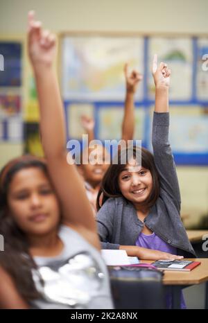 Ils connaissent tous la réponse. Un groupe d'étudiants levant les mains en classe. Banque D'Images