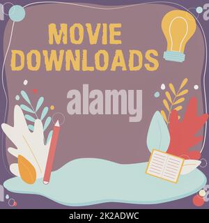 Inspiration montrant le signe Téléchargements de films. Présentation commerciale transfère le film entier pour stockage local et utilisation ultérieure cadre de texte entouré de coeurs et de feuilles de fleurs assorties Banque D'Images