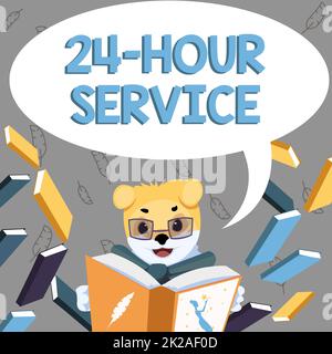 Légende du texte présentant le service 24 heures sur 24. Concept signification service qui est disponible à tout moment et habituellement chaque jour Fox avec des lunettes assis dans la bibliothèque lecture D'Un livre étudiant. Banque D'Images