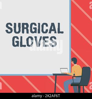 Inspiration montrant le signe gants chirurgicaux. Aperçu de l'entreprise protéger contre l'exposition aux matières infectieuses Homme assis fauteuil à l'aide d'un ordinateur portable placé sur la table avec grand tableau blanc. Banque D'Images