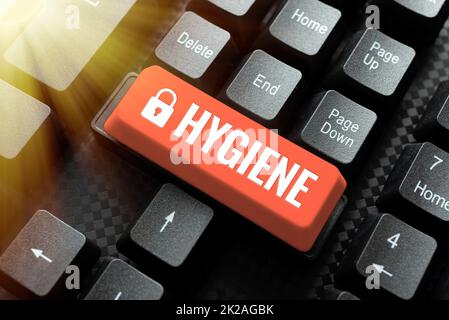 Panneau d'écriture à la main hygiène. Étude photo conceptuelle de la science de l'établissement et du maintien de la santé Résumé Créer une expérience Internet sûre, prévenir la propagation de virus numériques Banque D'Images