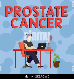 Signe montrant cancer de prostate, mot pour le cancer se développe dans la glande de la femme du système reproducteur mâle assis avec ordinateur portable vue arrière activement ACCOMP Banque D'Images