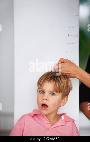 Ouah, vous avez vraiment grandi. Portrait d'un jeune garçon choqué dont la taille est mesurée par sa mère sur le mur de la cuisine. Banque D'Images