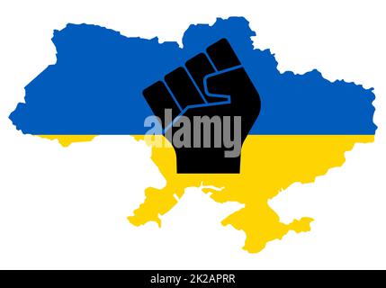 Une Ukraine forte. Poing levé sur la carte de couleur ukrainienne bleue et jaune. Liberté et soutien à la nation ukrainienne. Esprit patriotique - main humaine montante. Mettre fin à la guerre entre la Russie et la paix en Ukraine. Banque D'Images